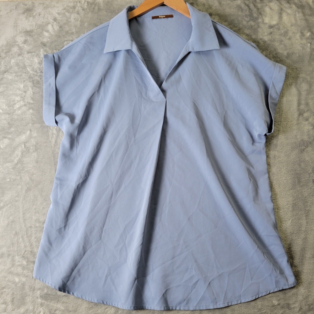 Gaharu Womens Periwinkle Blue V-Neck Pleated Cuffed Short Sleeve Blouse Size M